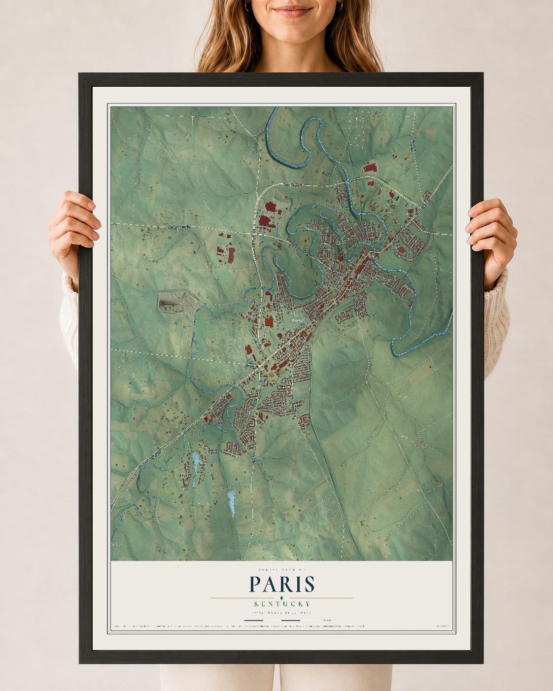 Map of Paris, Kentucky, 24 x 36 inch print in a black wood frame
