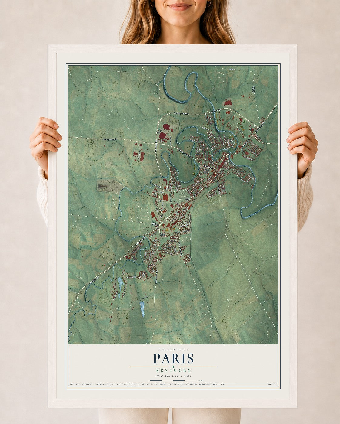 Map of Paris, Kentucky, 24 x 36 inch print in a white wood frame