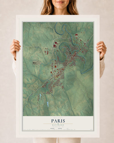 Map of Paris, Kentucky, 24 x 36 inch print in a white wood frame