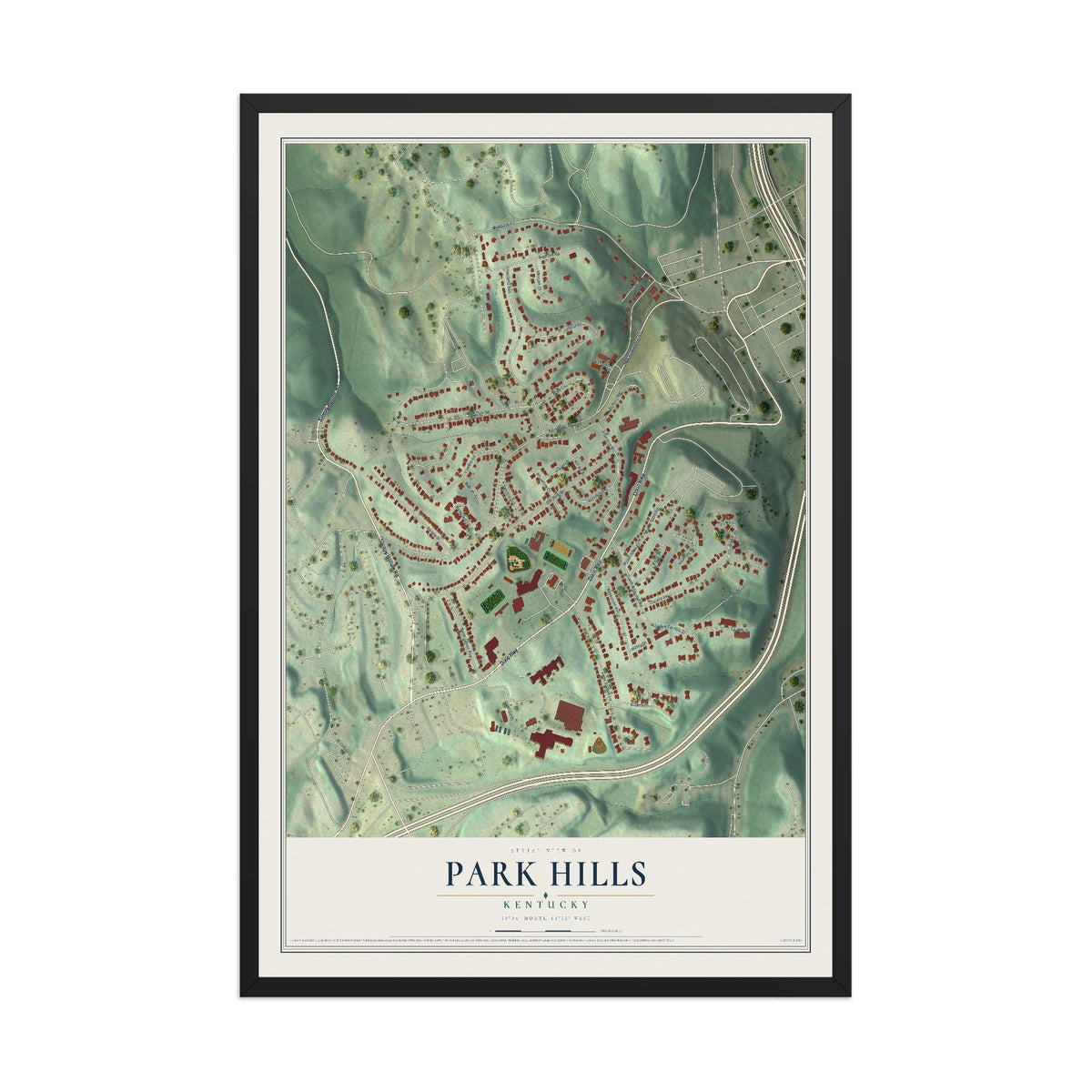 Map of Park Hills, Kentucky, 12 x 18 inch print in a black wood frame