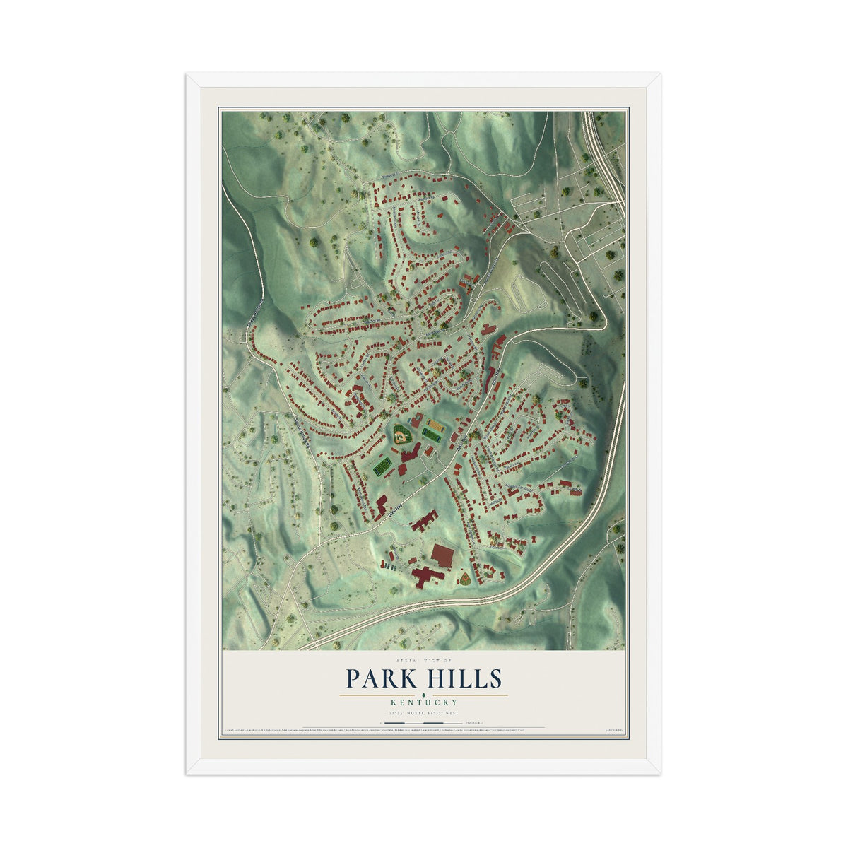 Map of Park Hills, Kentucky, 12 x 18 inch print in a white wood frame