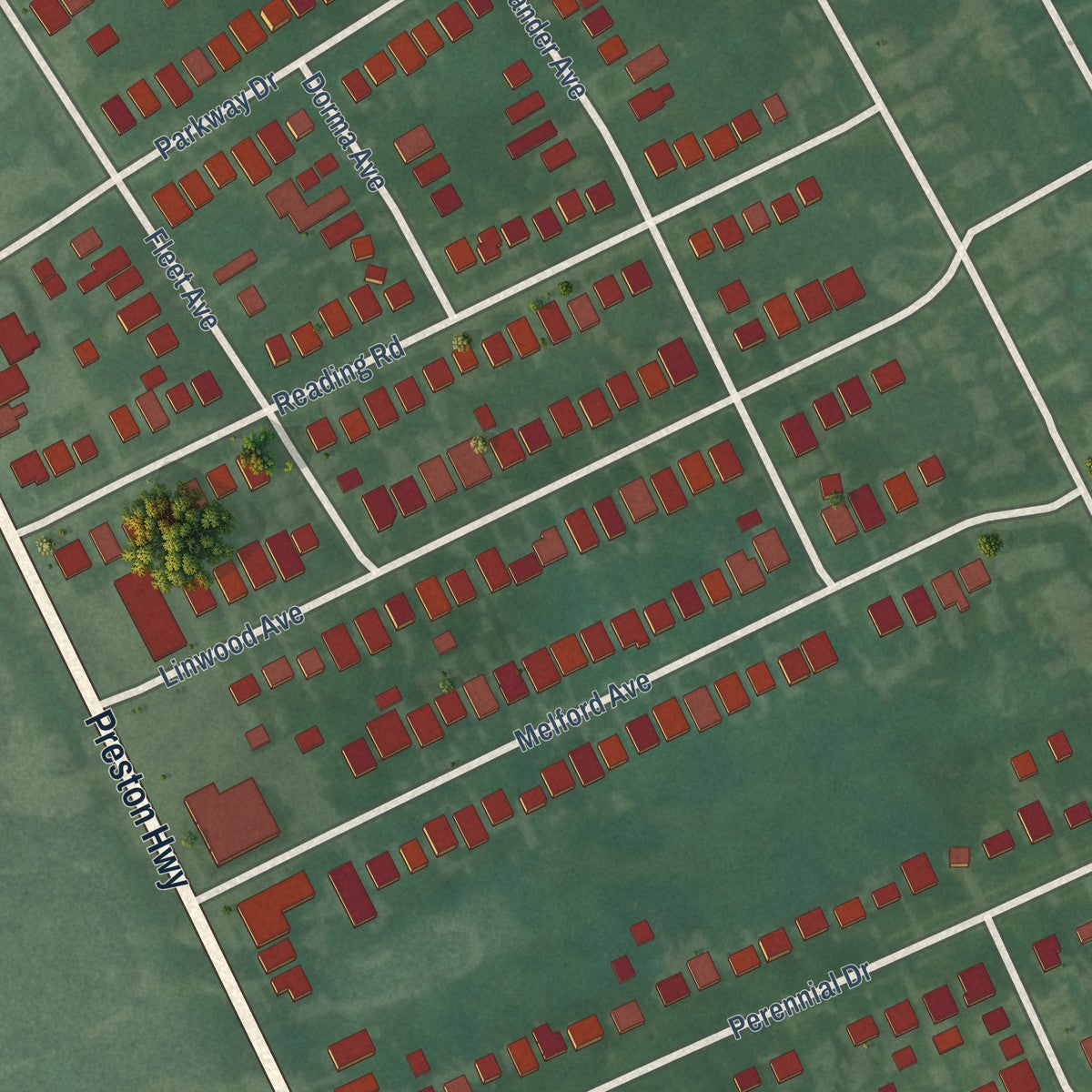 Close-up of the map of Parkway Village, Kentucky print showing street and building detail