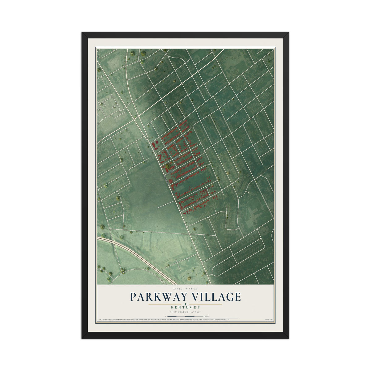 Map of Parkway Village, Kentucky, 12 x 18 inch print in a black wood frame