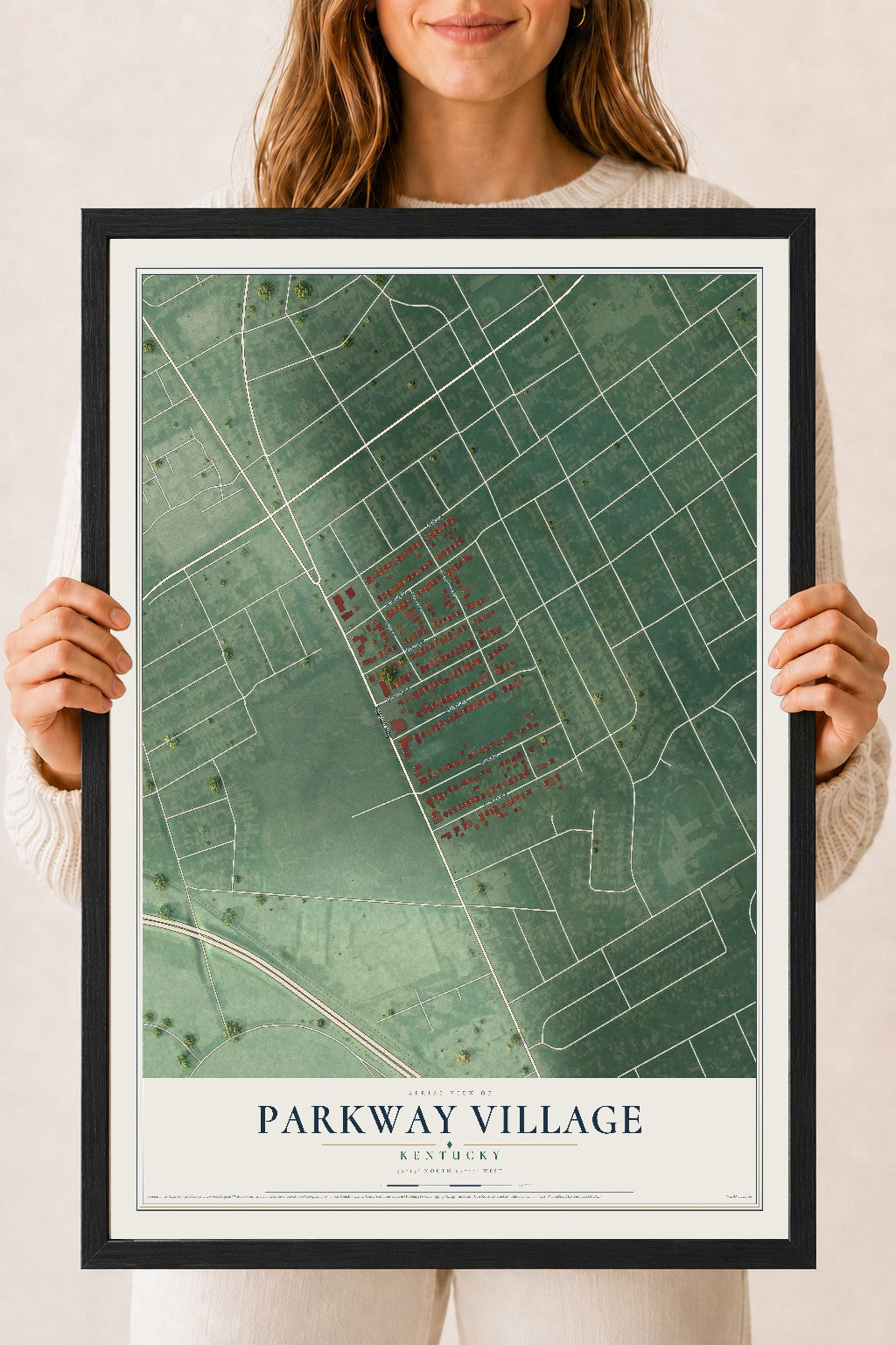 Map of Parkway Village, Kentucky, 18 x 24 inch print in a black wood frame