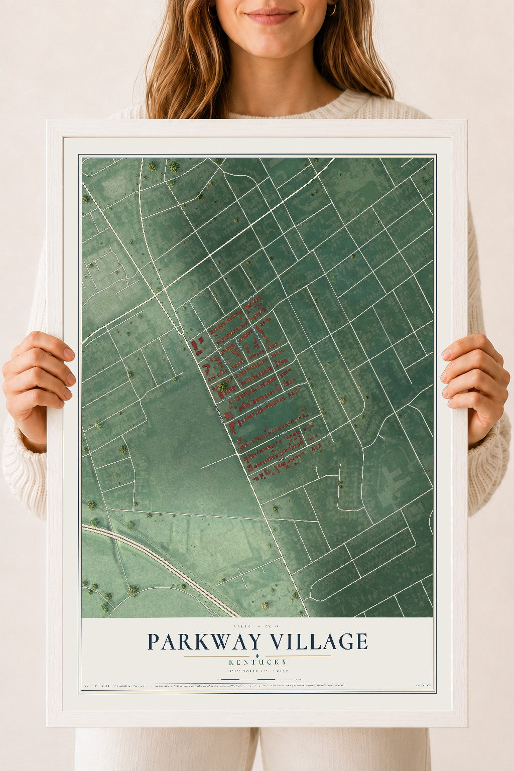 Map of Parkway Village, Kentucky, 18 x 24 inch print in a white wood frame