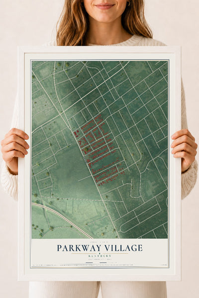 Map of Parkway Village, Kentucky, 18 x 24 inch print in a white wood frame