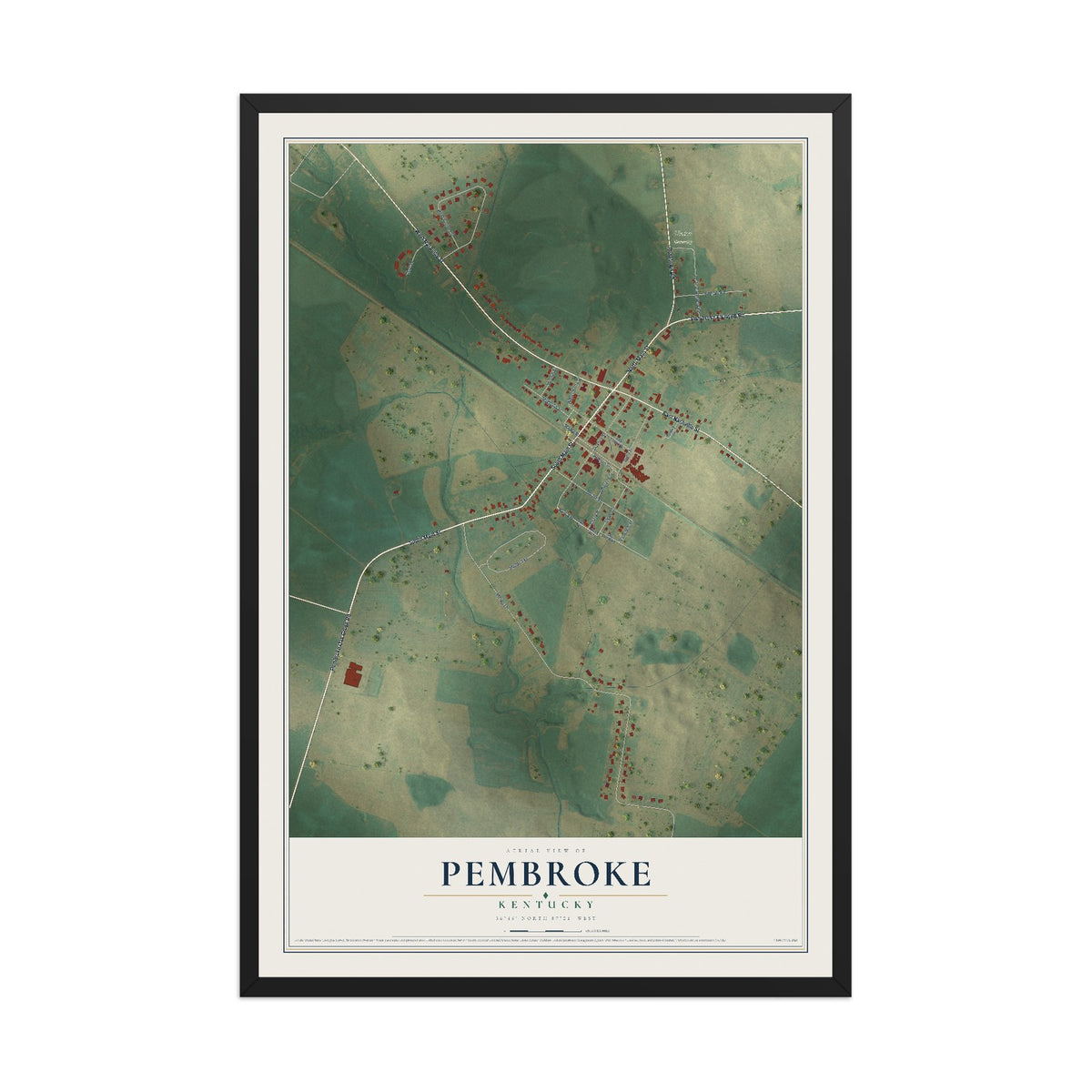 Map of Pembroke, Kentucky, 12 x 18 inch print in a black wood frame
