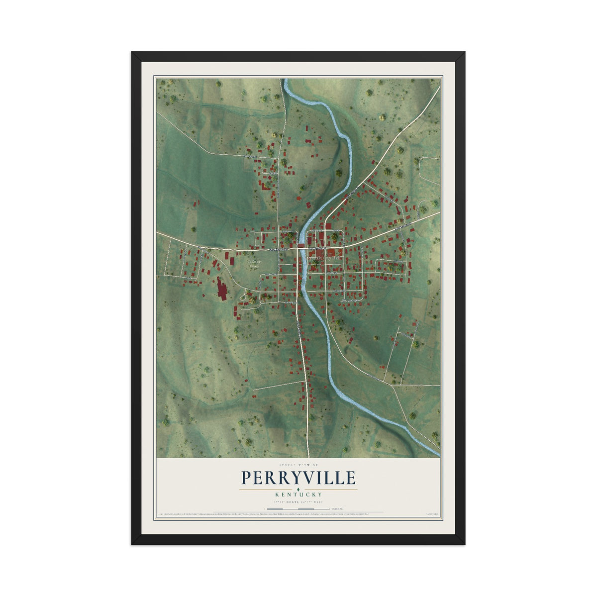 Map of Perryville, Kentucky, 12 x 18 inch print in a black wood frame