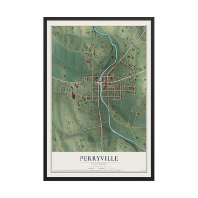 Map of Perryville, Kentucky, 12 x 18 inch print in a black wood frame