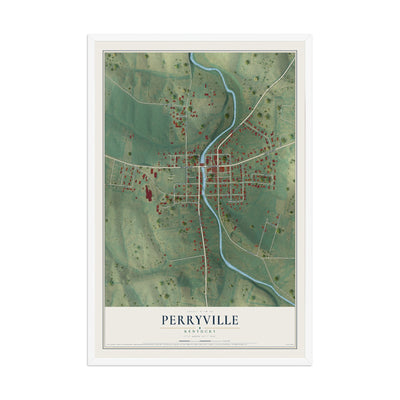 Map of Perryville, Kentucky, 12 x 18 inch print in a white wood frame