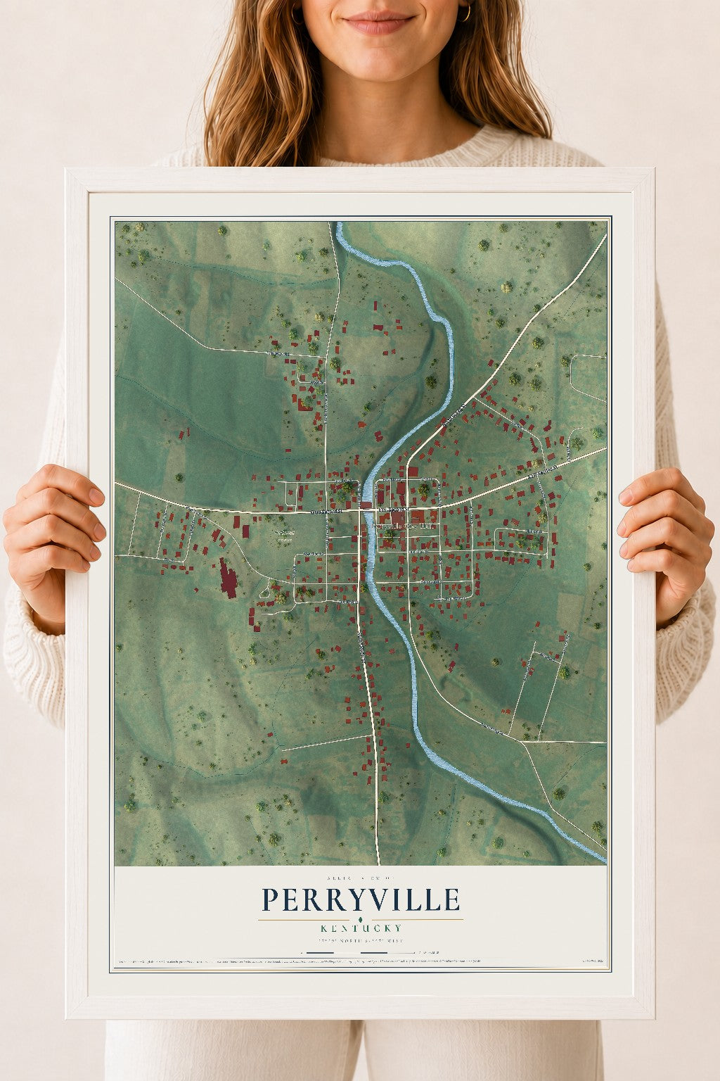 Map of Perryville, Kentucky, 18 x 24 inch print in a white wood frame