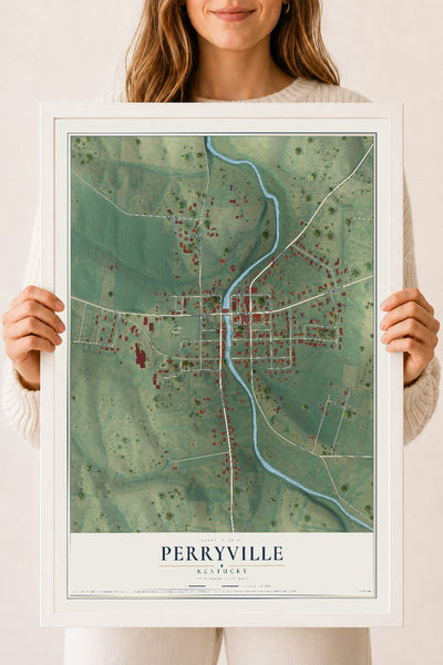 Map of Perryville, Kentucky, 18 x 24 inch print in a white wood frame