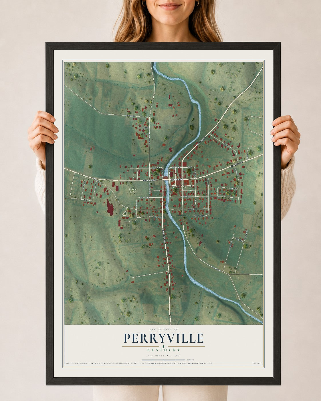 Map of Perryville, Kentucky, 24 x 36 inch print in a black wood frame