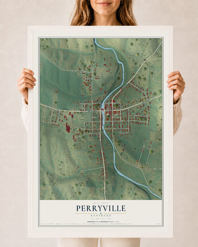 Map of Perryville, Kentucky, 24 x 36 inch print in a white wood frame