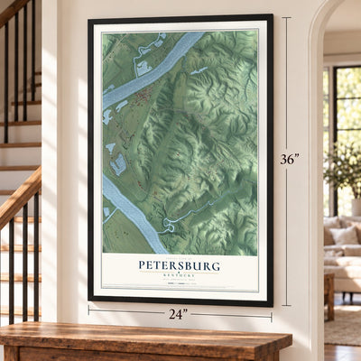 Petersburg, Kentucky map, 24 x 36 inch print in a black frame by a staircase