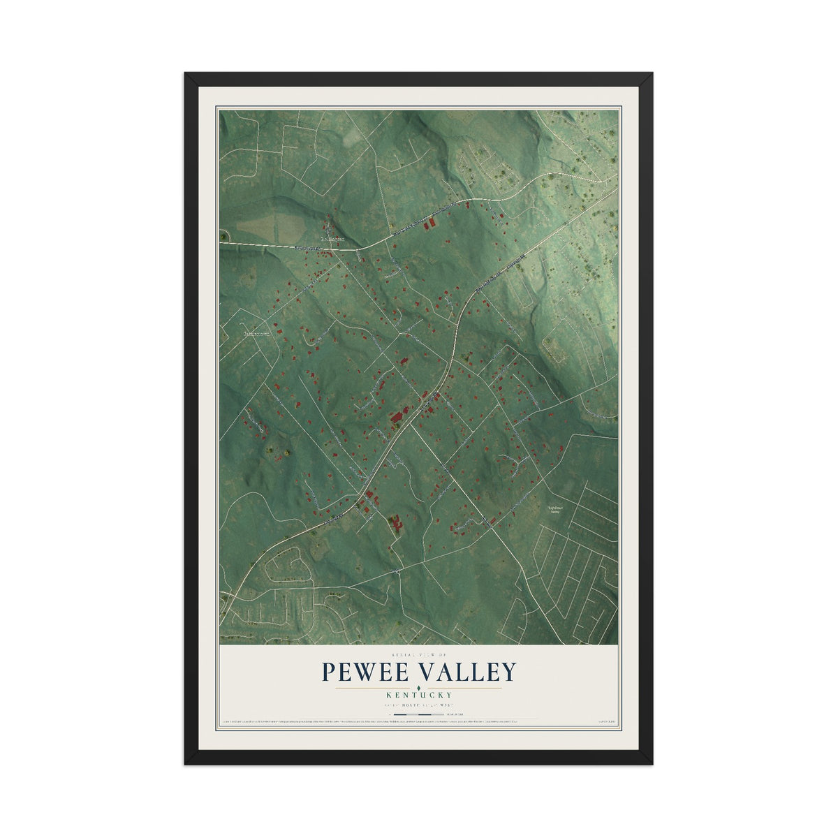Map of Pewee Valley, Kentucky, 12 x 18 inch print in a black wood frame