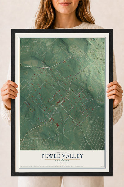Map of Pewee Valley, Kentucky, 18 x 24 inch print in a black wood frame