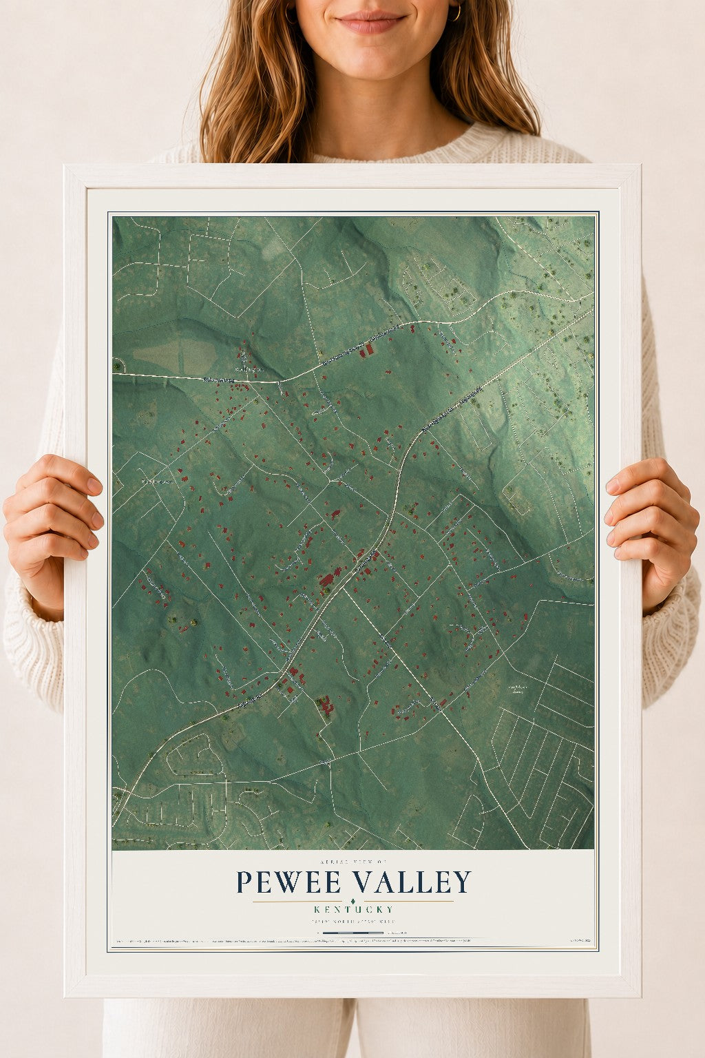 Map of Pewee Valley, Kentucky, 18 x 24 inch print in a white wood frame