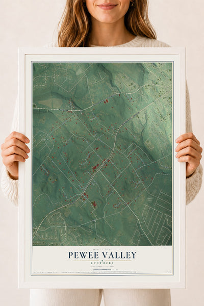 Map of Pewee Valley, Kentucky, 18 x 24 inch print in a white wood frame
