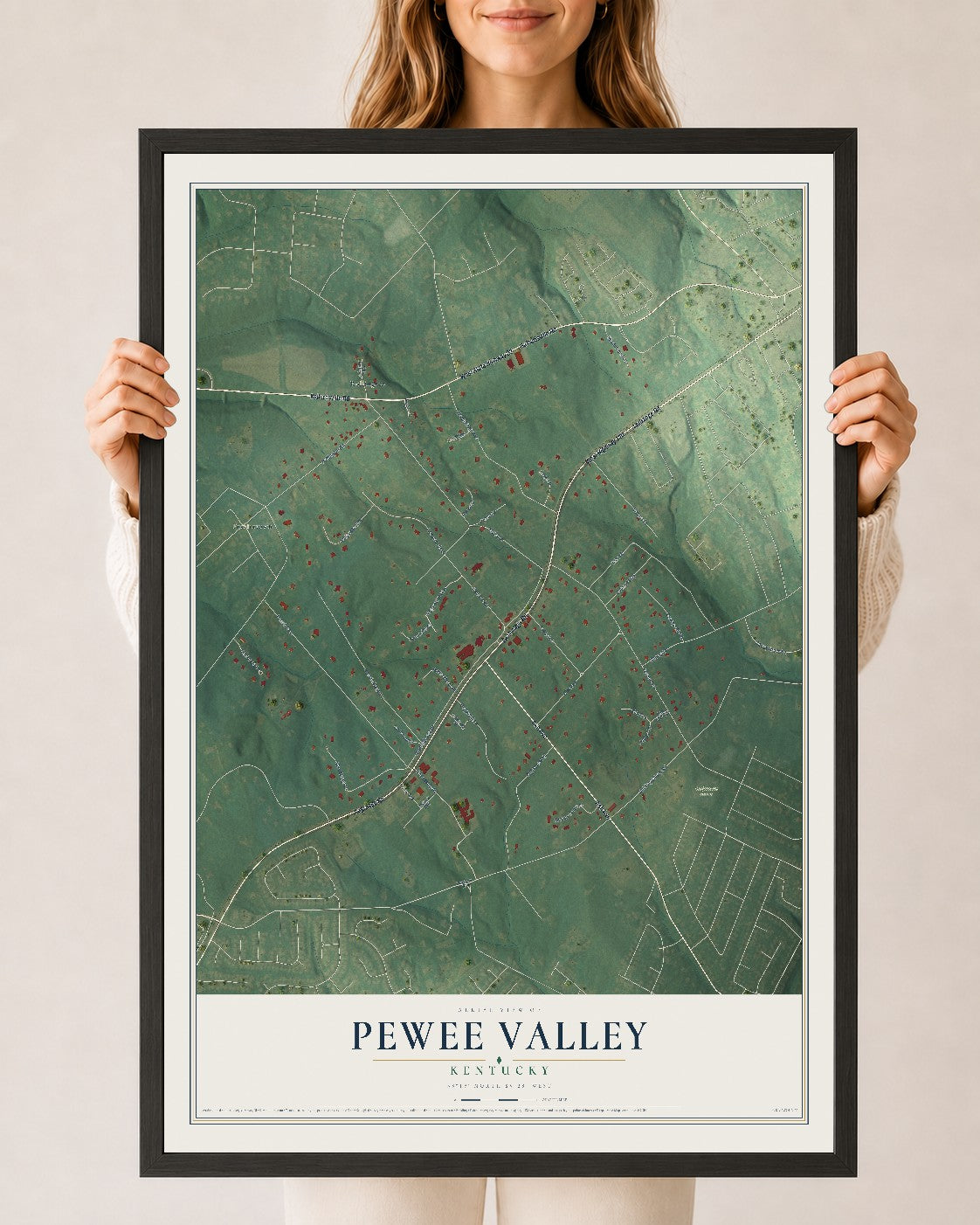 Map of Pewee Valley, Kentucky, 24 x 36 inch print in a black wood frame