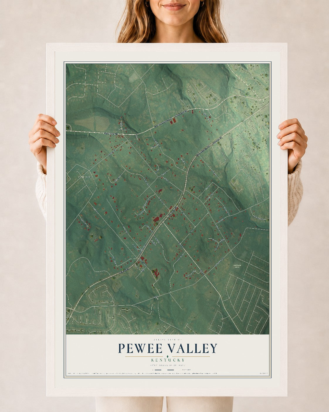 Map of Pewee Valley, Kentucky, 24 x 36 inch print in a white wood frame