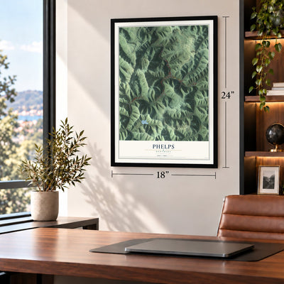 Phelps, Kentucky map, 18 x 24 inch print in a black frame in a home office