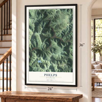 Phelps, Kentucky map, 24 x 36 inch print in a black frame by a staircase