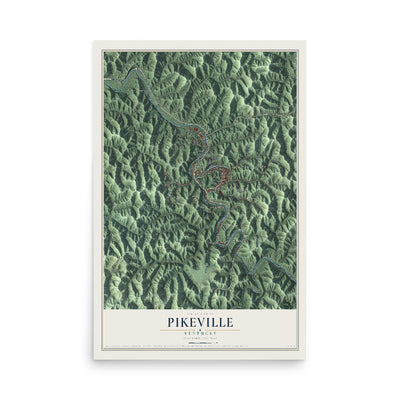Map of Pikeville, Kentucky, 12 x 18 inch unframed archival matte print