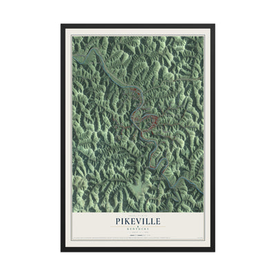 Map of Pikeville, Kentucky, 12 x 18 inch print in a black wood frame