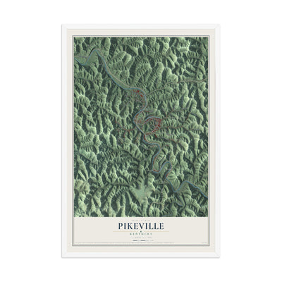 Map of Pikeville, Kentucky, 12 x 18 inch print in a white wood frame