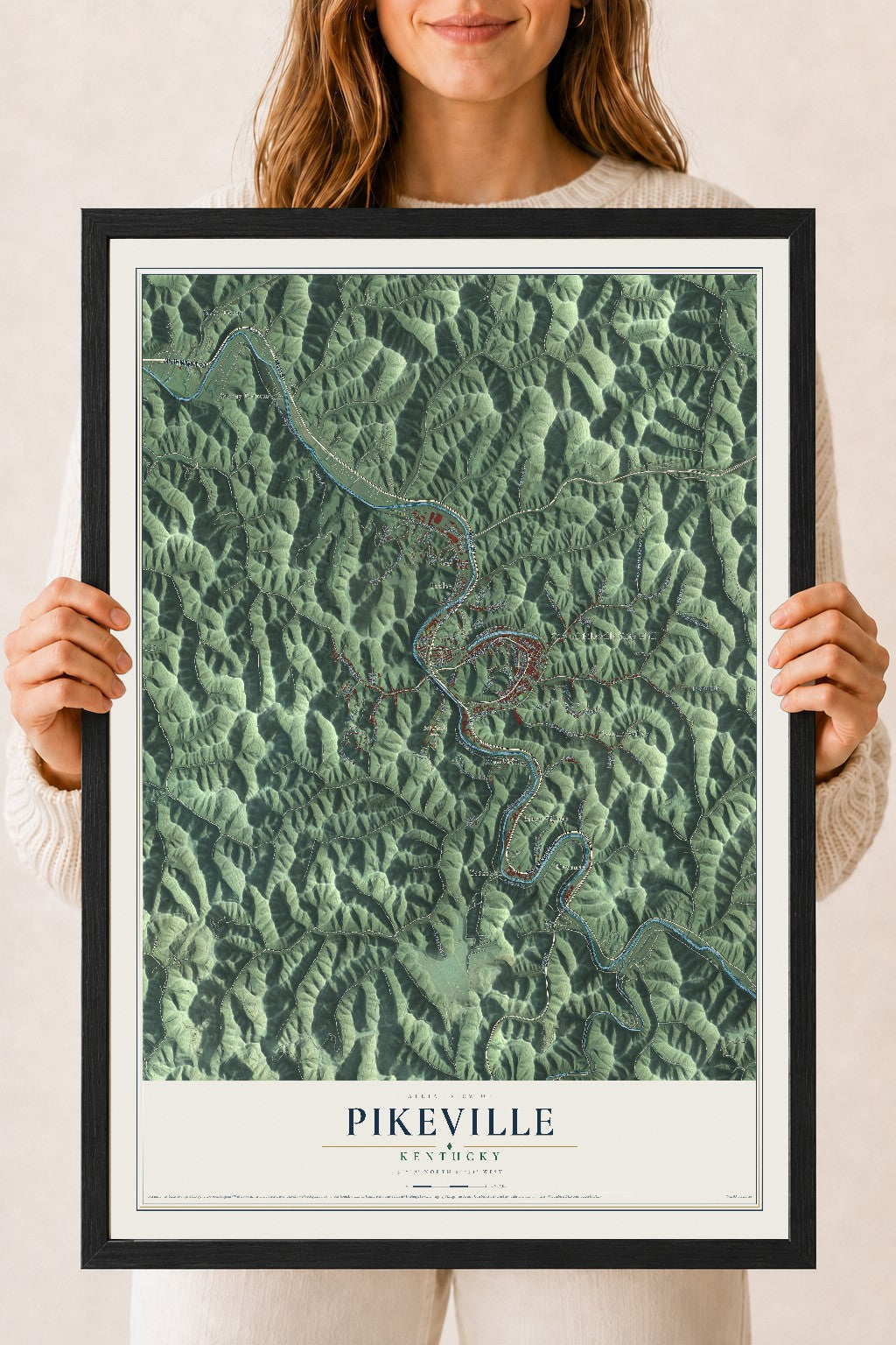 Map of Pikeville, Kentucky, 18 x 24 inch print in a black wood frame