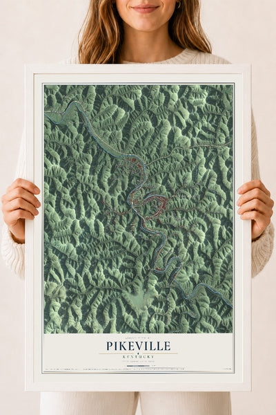 Map of Pikeville, Kentucky, 18 x 24 inch print in a white wood frame