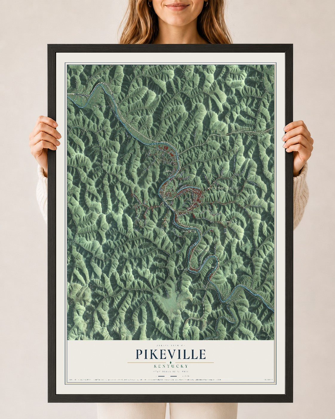 Map of Pikeville, Kentucky, 24 x 36 inch print in a black wood frame
