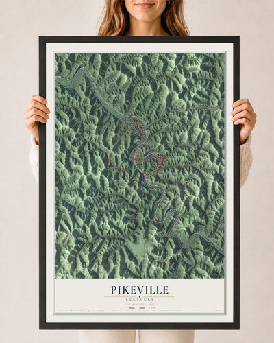 Map of Pikeville, Kentucky, 24 x 36 inch print in a black wood frame