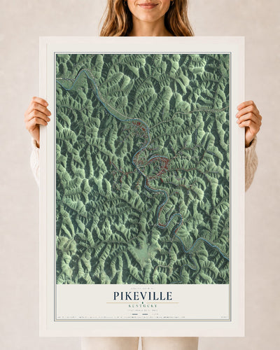 Map of Pikeville, Kentucky, 24 x 36 inch print in a white wood frame