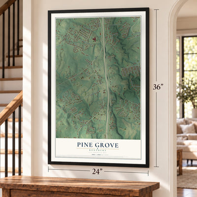 Pine Grove, Kentucky map, 24 x 36 inch print in a black frame by a staircase