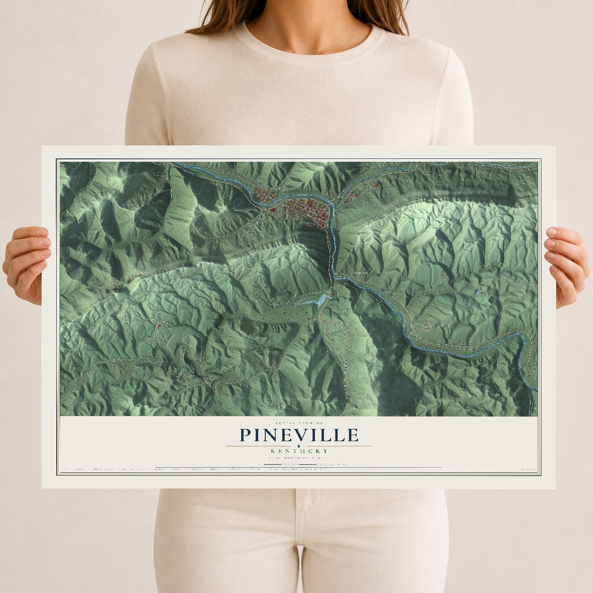 Map of Pineville, Kentucky, 12 x 18 inch unframed archival matte print