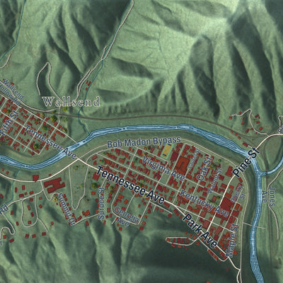 Close-up of the map of Pineville, Kentucky print showing street and building detail