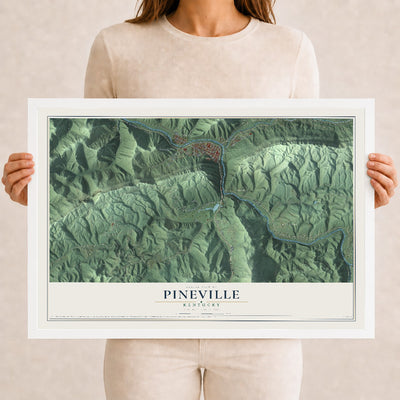 Map of Pineville, Kentucky, 12 x 18 inch print in a white wood frame