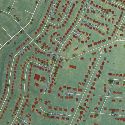 Close-up of the map of Pioneer Village, Kentucky print showing street and building detail