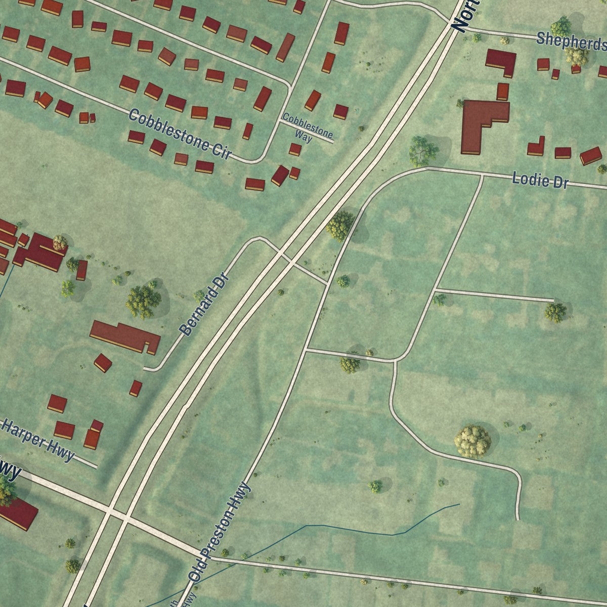 Second close-up of the map of Pioneer Village, Kentucky print showing more streets and buildings