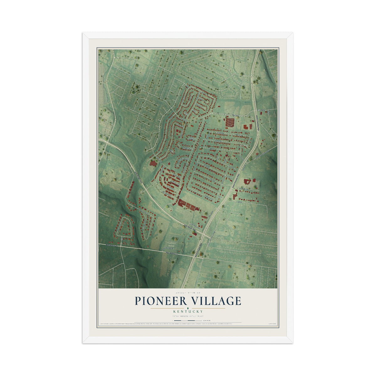 Map of Pioneer Village, Kentucky, 12 x 18 inch print in a white wood frame