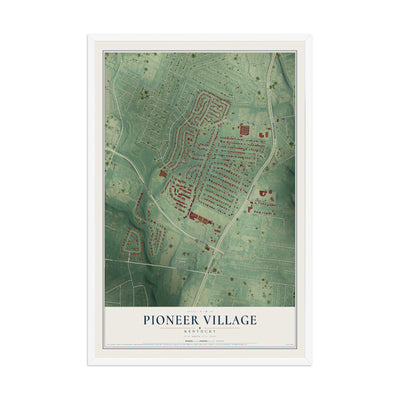 Map of Pioneer Village, Kentucky, 12 x 18 inch print in a white wood frame
