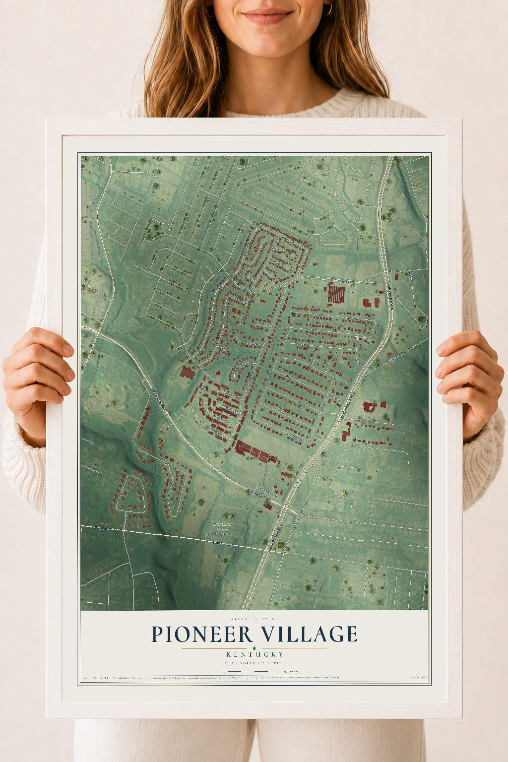 Map of Pioneer Village, Kentucky, 18 x 24 inch print in a white wood frame