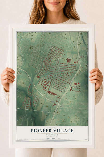 Map of Pioneer Village, Kentucky, 18 x 24 inch print in a white wood frame
