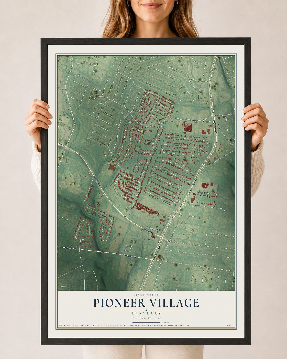Map of Pioneer Village, Kentucky, 24 x 36 inch print in a black wood frame
