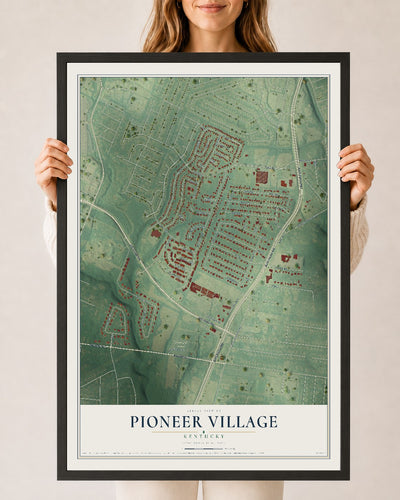 Map of Pioneer Village, Kentucky, 24 x 36 inch print in a black wood frame