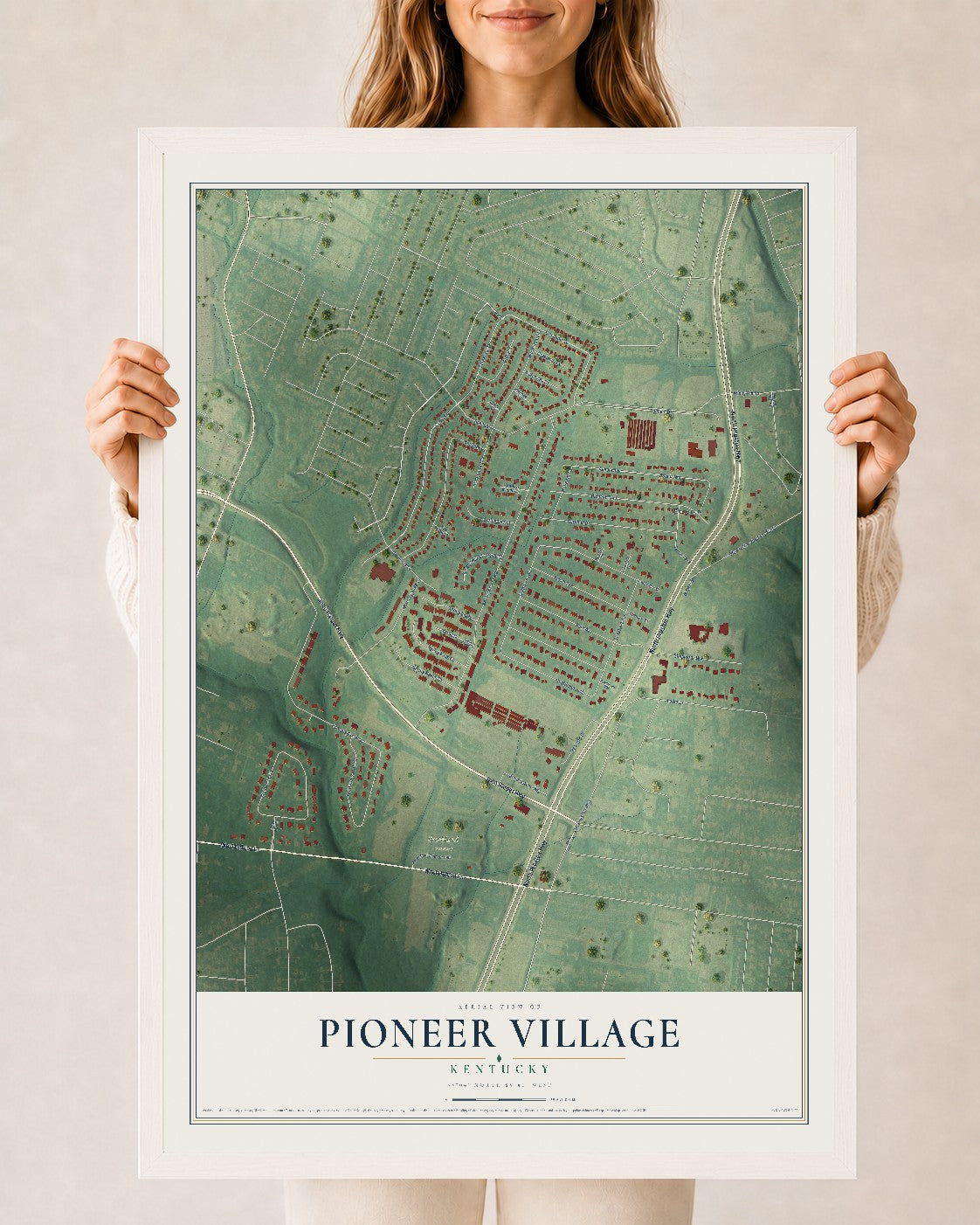 Map of Pioneer Village, Kentucky, 24 x 36 inch print in a white wood frame