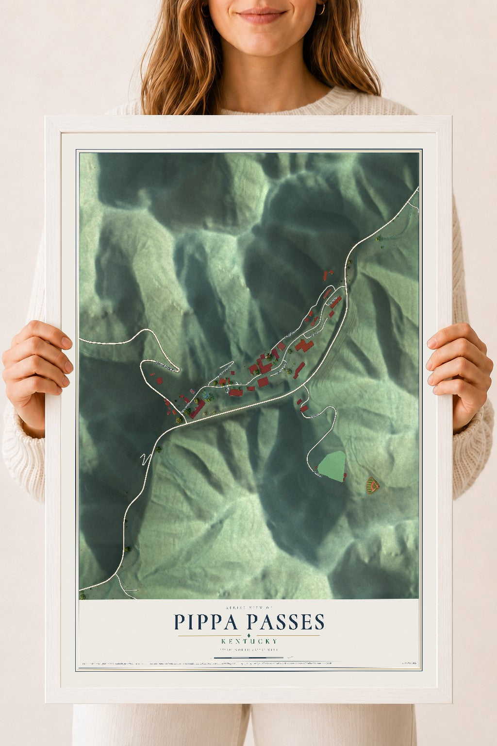 Map of Pippa Passes, Kentucky, 18 x 24 inch print in a white wood frame