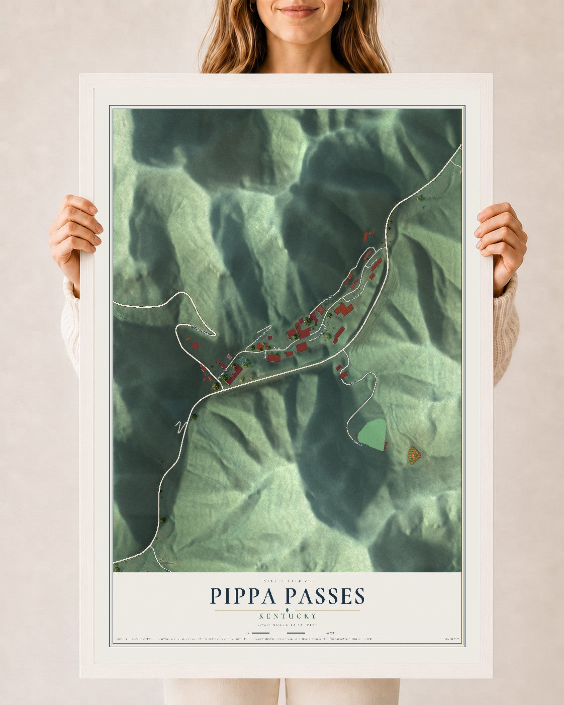 Map of Pippa Passes, Kentucky, 24 x 36 inch print in a white wood frame